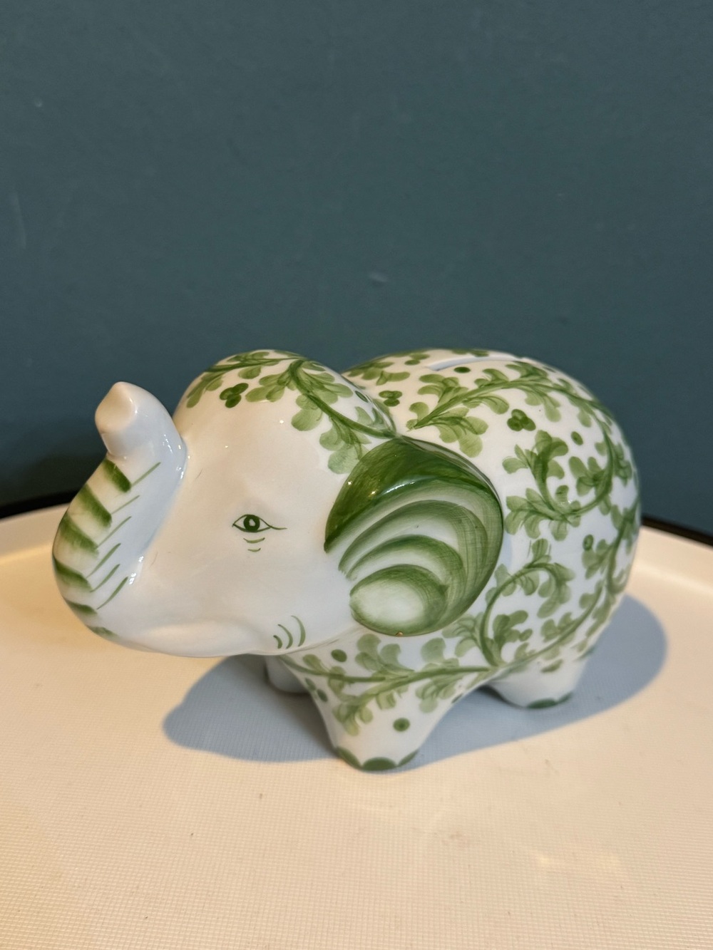 Vintage Andrea by Sadek Green and White Porcelain Elephant Coin Bank - Trunk Up